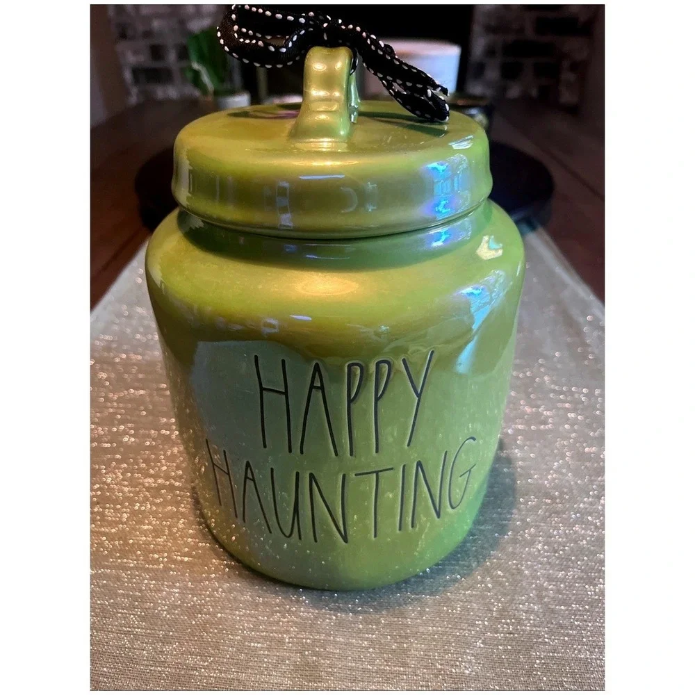 Rae Dunn By Magenta Happy Haunting Green Handle Canister Candy Cookie Jar EUC